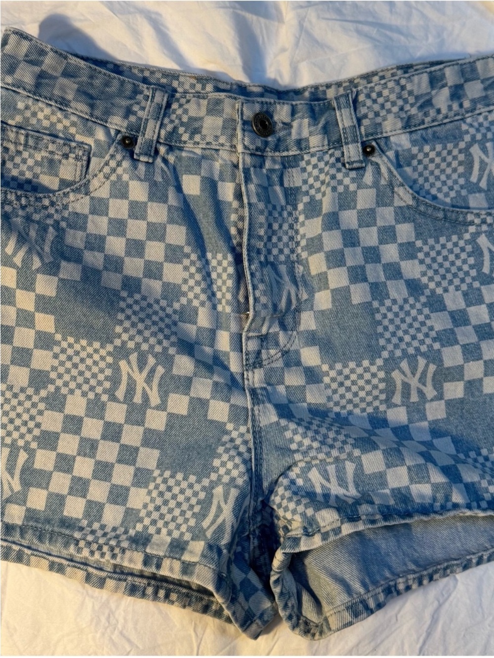 MLB Korea New York Yankees Checkerboard Denim Shorts - Women’s S Y2K Inspired - Picture 2 of 14